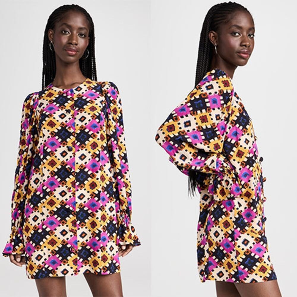 NWT Rhode Nara High Neck Long Sleeves Floral Print Mini Dress Purple Aquarelle